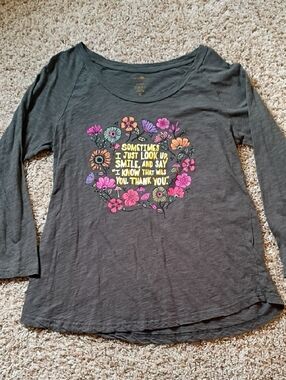 NATURAL LIFE Charcoal Long-Sleeve Tee with Colorful Floral Heart Graphic